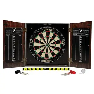 Viper Regulation Size Compressed Sisal Self-Healing Steel Tip Dartboard & Walnut Finish Cabinet Bundle, Premium Darts Gear Set with Shot King Darts, Shadow Buster, Throw Line for Tournament Play