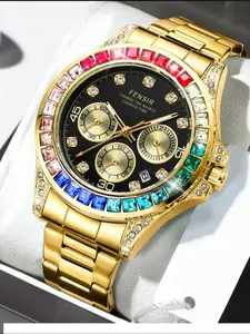 Luxury Rainbow Diamond Men's Watch, Fashionable Watches, Silver Color Alloy Case, Round Analog Dial, Quartz Movement, Calendar Display, Best Gift for Him