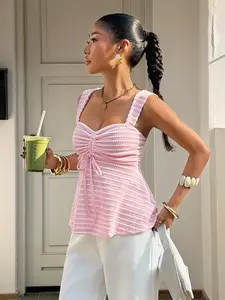 Striped Drawstring Waist Halter Top, French Sweet Style Wide Strap V-Neck Slimming Vest, Daily Commute Date Wearable Top