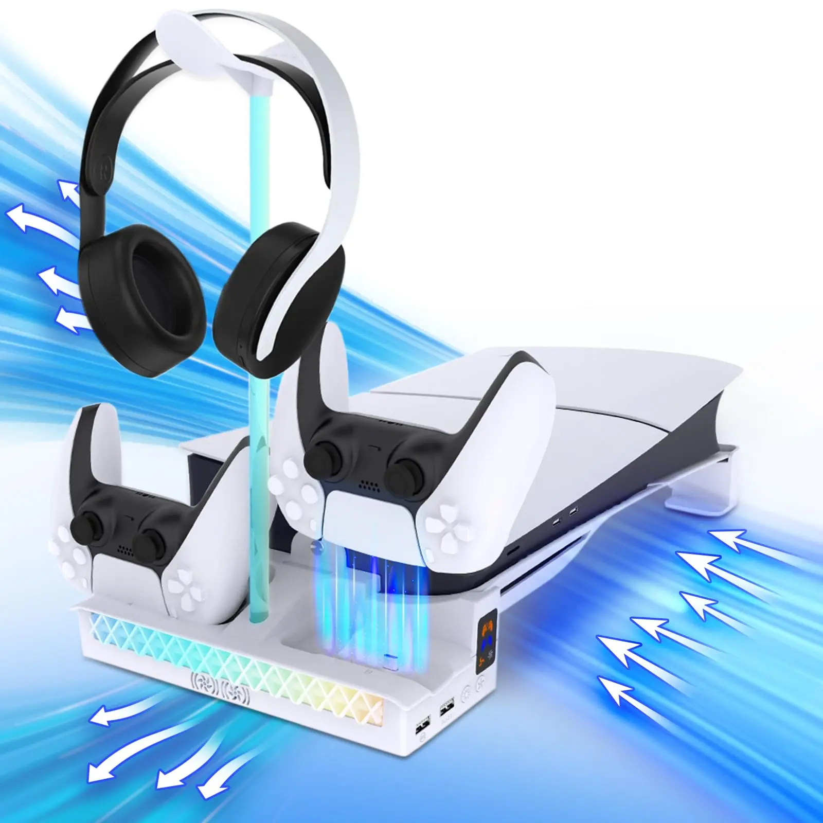 Horizontal Adjustable cooling stand, compatible with PS5 Pro/mini game console discs and digital versions, with expandable color ps5 accessories (with RGB lights), suitable for PS5 Pro/mini cooling stand, white model Protective Personalized
