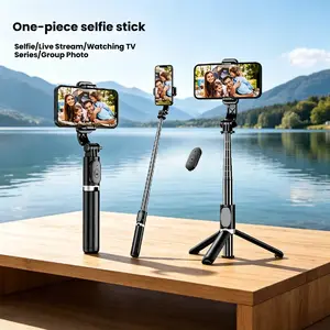 Tripod with Bluetooth remote control selfie stick, integrated retractable phone stand, supports selfies/group photos/live streams/short videos, 360 ° rotation, lightweight and portable travel style Rotatable fill light