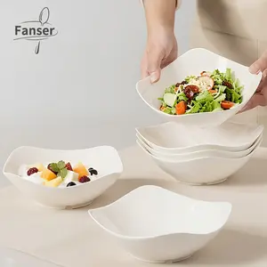 6-pcs Large Plastic Square Bowls with Raised Feet, Party Plastic Salad Bowls, Square Shape, Salad and Fruit Bowls for Party Tables, Candy Buffet Containers, Square Cereal Bowls, White Bowls for Soup and Pasta.