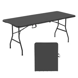 【Summervibes】VEVOR Folding Table,  , 6 Ft Heavy Duty Portable Fold-in-Half Utility Table, Indoor Outdoor Plastic Rectangle Table with Built in Handle, for Party, Dining, Wedding, Events, Picnic, Camping, Black