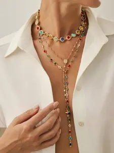 Boho Style Alloy Chain Necklace Set, Statement Necklace, Unique Crystal Pendants, Colorful Jewelry for Women, Casual Daily Wear & Holiday Gifts, Shamar Necklace