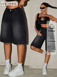 Women's High-Waisted Washed Ripped Wide-Leg Bermuda Shorts, European Streetwear Style Denim Jeans, Slimming, Versatile and Chic, Summer Everyday Wear