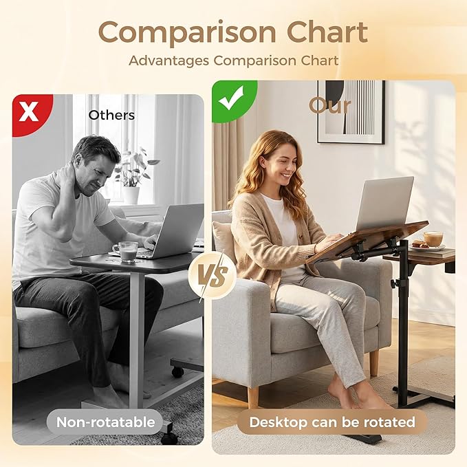 YUHFERA Rolling Table for Laptop Stand, Height and Angle Adjustable Over Bed Table with Wheels, Tilt-Top Laptop Desk for Couch with Cup Holder, Bed Table Tray for Eating