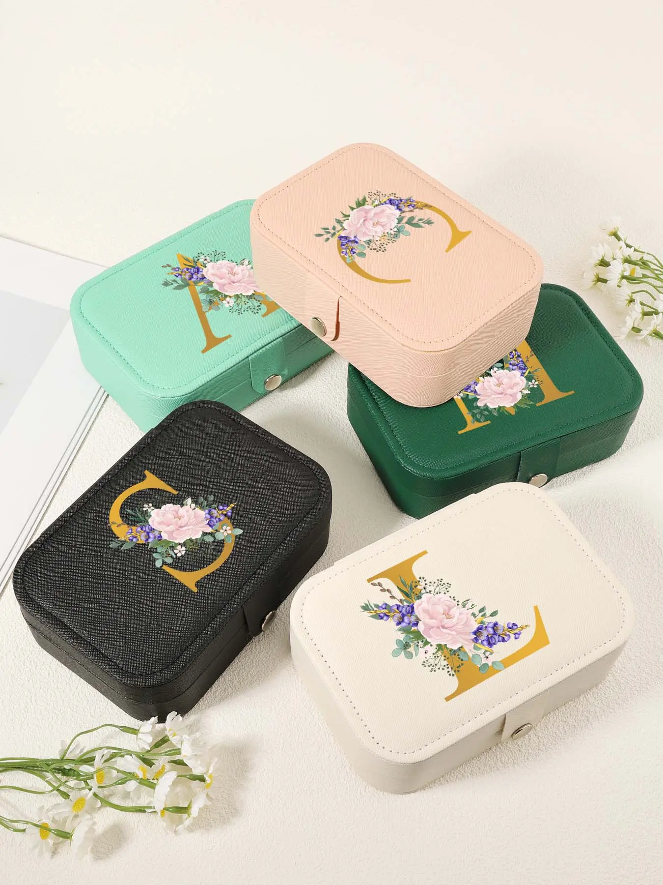Floral Pattern Initial Letter Design Jewelry Box, Portable Jewelry Organizer, Lightweight & Portable Jewelry Storage Box for Rings, Necklaces, Earrings