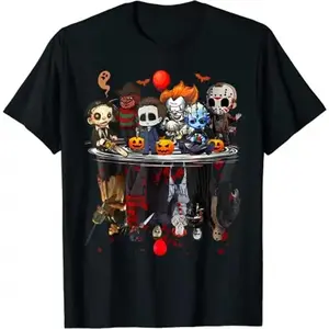 Horror Movies Character Halloween Costume Gift T-Shirt Gothic Style Graphic Tee Top Short Sleeve Blouses for Adult Cute Chibi Style White Tee with Iconic Horror Icons and Red Balloon Fit Love Piece Twist