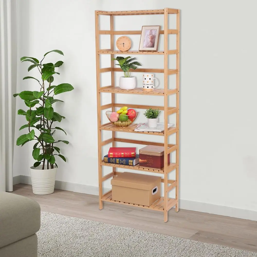 100% Bamboo Bookshelf, Multi - Functional Adjustable 6-Layer Shelf, Can Be Used In Living Room, Study, Bedroom, Etc., 60 * 26 * 161cm Natural Home Organizer Storage Bookcase