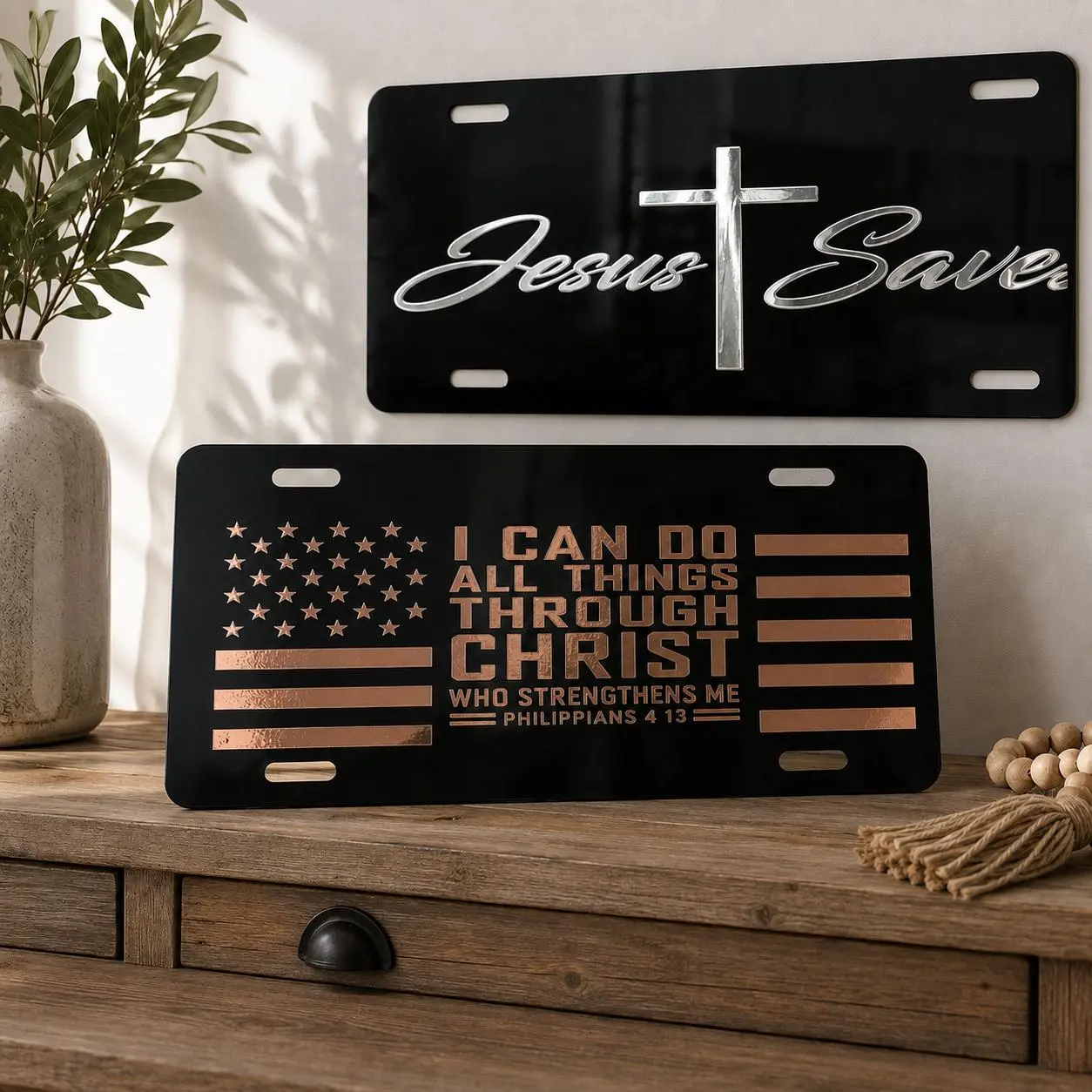 Christian Decorative License Plate 6x12 Inch – Choose Design, Plate Color and Vinyl Color