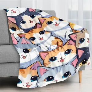 Anime Style Cute Cat Pile Flannel Blanket Soft Cozy Plush Throw Perfect Gift for Cat Lovers Anime Fans Warm Snuggle Blanket for Bedroom Lounge Trendy Kawaii Kitty Design