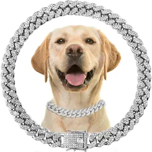Silver Chain Collars for Large Dogs with Diamond ，Sparkly Bling Metal Cuban Link Dog Collars, Rhinestone Glitter  Necklace for Large Pet Dogs 24 inch