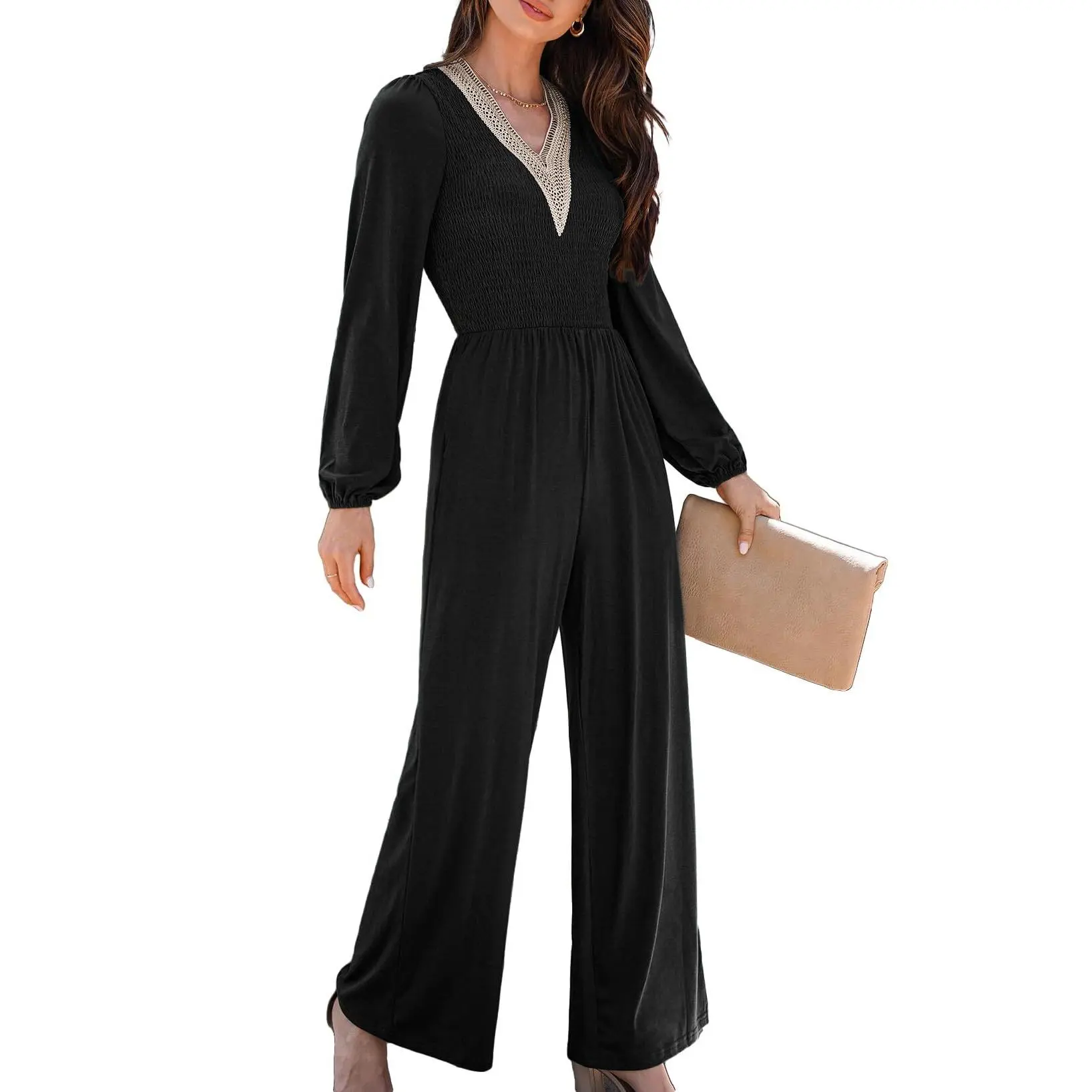 Dokotoo Womens Plus Size Black Jumpsuits for Women 2024 Fashion Overalls Loose Casual V Neck Dressy Wide Leg One Piece Long Sleeve Solid Jumpsuit Long Pant Rompers with Pockets XX-Large