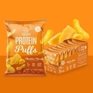 Genius Gourmet Protein Puffs - Cheddar Cheese Puff High Protein Snacks for Adults & Kids - 8 Ct Zero Added Sugar, Gluten Free & GMO Free - On the Go Cheesy Savory Snacks
