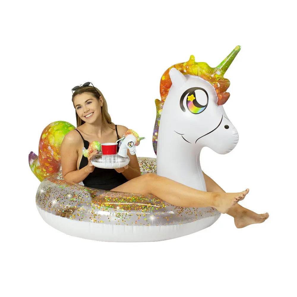 POOLCANDY 48-in Glitter Unicorn Jumbo Inflatable Pool Tube, Inflatable Floats, 6mm Holographic Sparkle Design, Oversized Drink Float, Sun-Responsive Color Change, Resists Tipping, 250 lbs Capacity, for Water Sports Swimming
