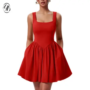 OYV Women's Summer Sleeveless Square Neck A-line Ruffle Hem Mini Tank Dress with Pockets