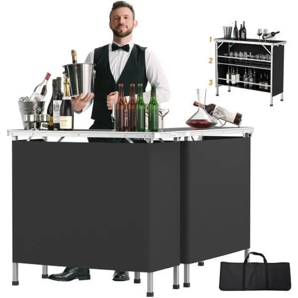 Outvita Black Aluminum Alloy Outdoor Folding Bar Table Rectangular with Railing Fabric 110.5x38x88cm 30kg Camping Bar Table Summervibes