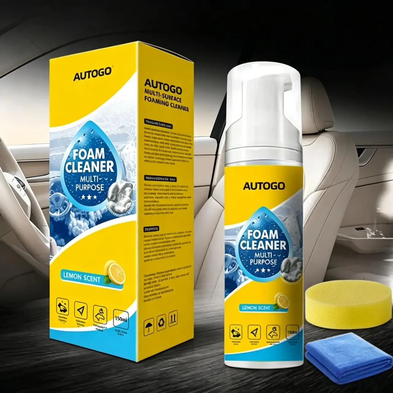 Heavy-Duty Fast-Acting Foam Spray Stain Remover - 150ml Car Interior Cleaner, Neutral pH Grease-Cutting Multi-Enzyme Degreaser for Leather & Upholstery, No-Rinse, Fresh Lemon Scent, Ideal for Daily Car Care, Ideal Gift, Surface Cleaner