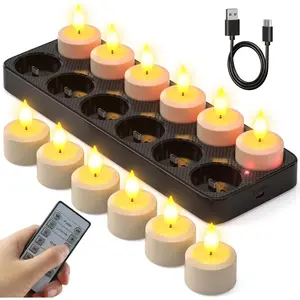 Flameless Candles with Remote Control Timer &  Base, 12 count USB Rechargeable  LED  Lights Candles Small Votive for Lantern Pool Mantle Weddings  Christmas Decorative
