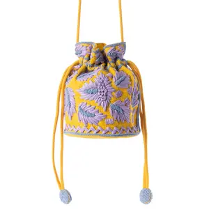 Women's Myra Honey Vine Retro Lightweight Bucket Bag, Yellow with Embroidery Detail (Women's Crossbody & Shoulder Bag)