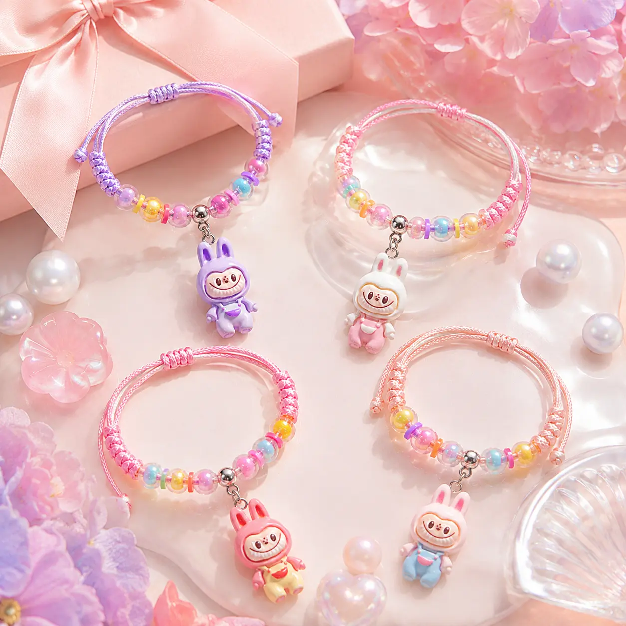 Cute Bunny Character Charm Bracelet, Adjustable Braided Cord Bracelet with Colorful Glossy Beads, Kawaii Pastel Wrist Accessory for Women and Teens, Y2K Friendship Jewelry for Daily Wear, Birthday, Party and Gift Giving costume trendy