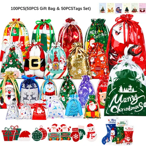 100-Pack Tagged Multicolor Plastic Drawstring Gift Bags with Blank Tags, Goodie Candy Bags, Party Favor Packs for Holiday Gift Wrapping, Weddings (Small Presents, Jewelry)
