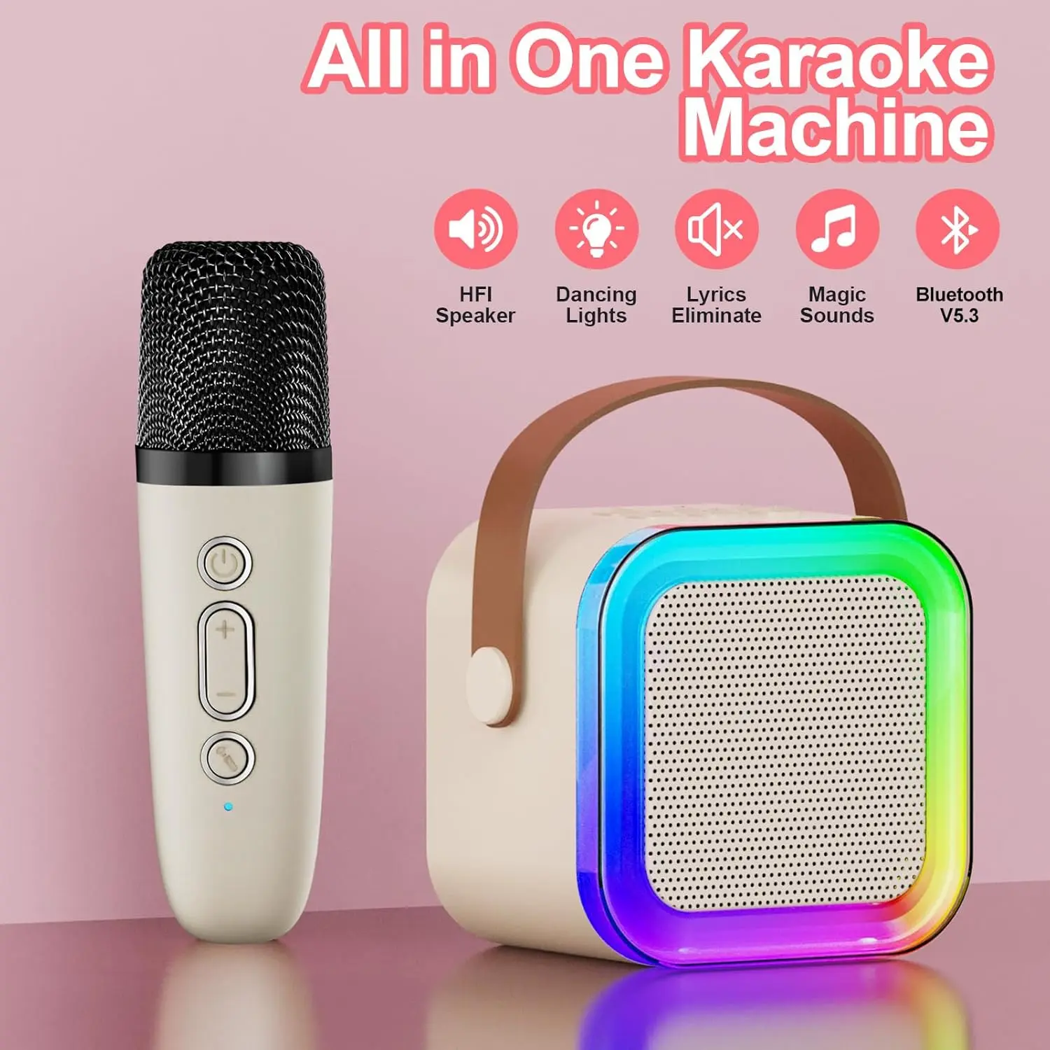 Wireless Bluetooth 5.3 Karaoke Microphone Set - 2 Handheld Mics, Portable RGB Light Audio Speaker, Rechargeable, Compact, Easy-Pairing, USB-AUX Compatible, Smartphone-Ready for Car Road Trips, Parties