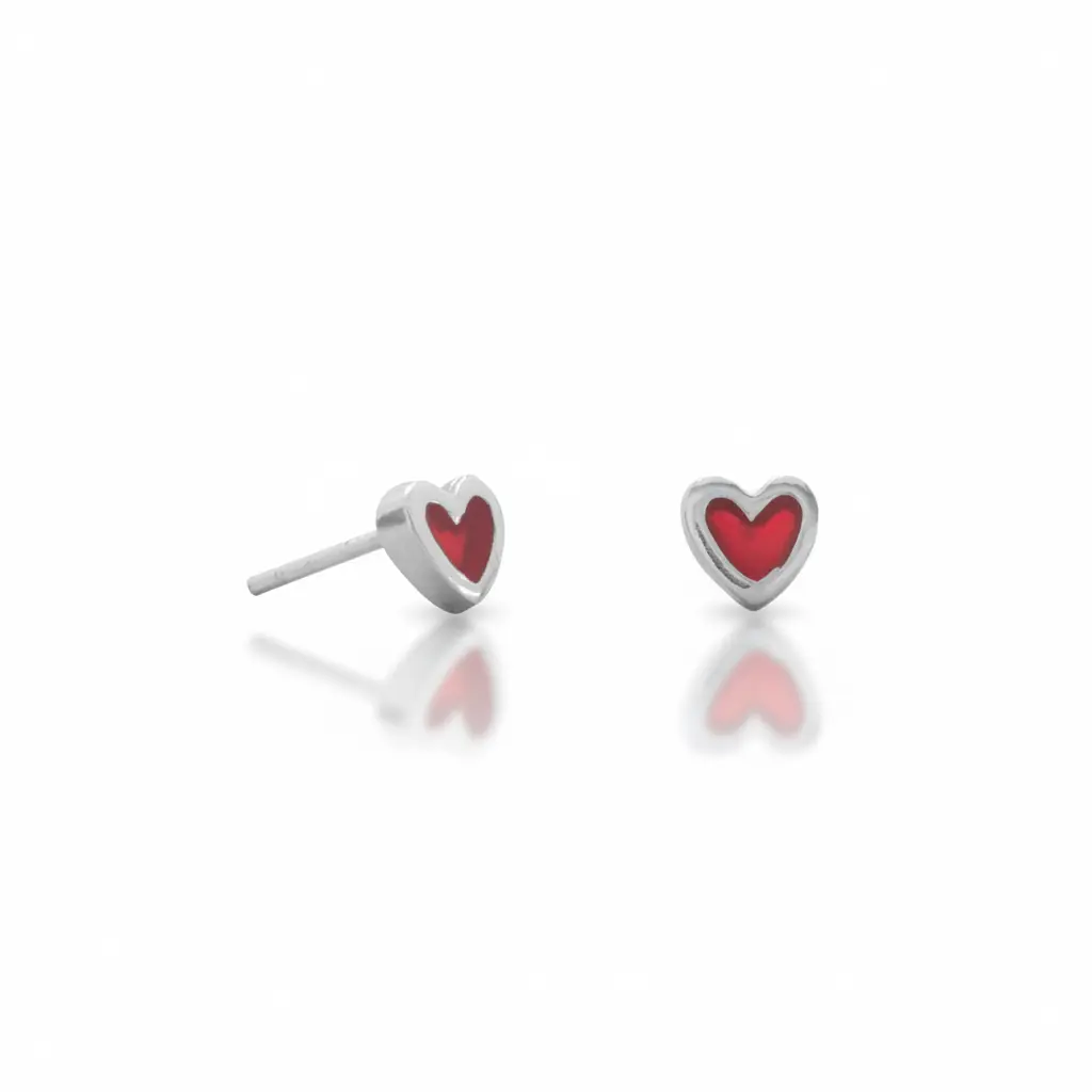 Red Heart Stud Earrings Enamel 925 Sterling Silver 4.5mm