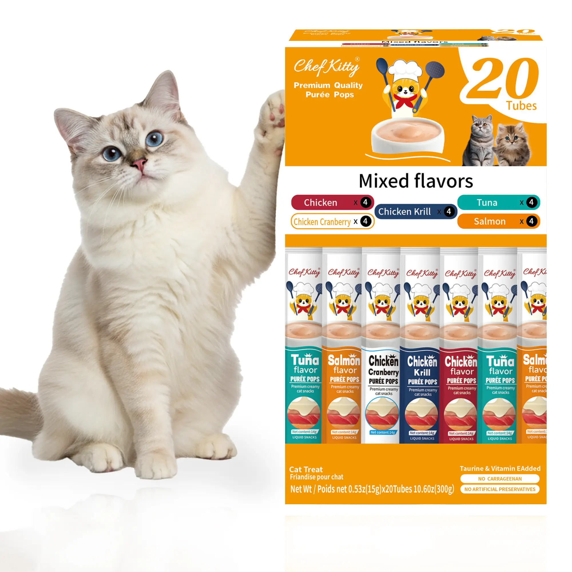 Cat Treats Lickable | Grain-Free Cat Food Toppers, High Protein | Creamy Puree Squeeze Ups with Vitamin E & Taurine, Digestible Formula | 0.5 oz. Each Tube, Mix Variety | 20 Tubes