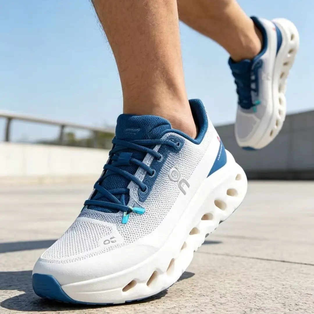 Gradient Faded Weave Knit Low Top Road Sneakers Off White To Deep Navy Ombre Color Block Wavy Perforated Hollow Thick Midsole Silver Minimal Badge Quick Lace Breathable Lightweight Urban Jogging Walking Shoes With Full Original Box