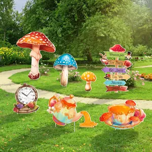 7 Pieces Wonderland Tea Party Yard Sign Decorations with Stakes Mushroom Teacup Directional Sign for Indoor Outdoor Wonderland Theme Decor Tea Party Halloween Lawn Garden Signs
