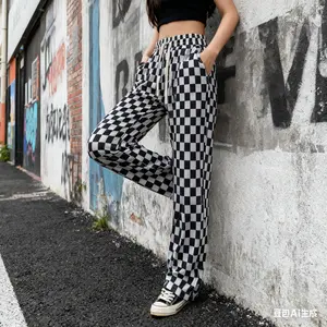Women's Plus Size Black & White Checked Pants Casual Checkered Pattern, Lattice Wave Point Elastic Waist Comfy Fit, Loose Wide Leg Design with Pockets Adds Practicality Drawstring Waist Stretchy Trousers Pull-On Straight Leg Womenswear mesh  pants