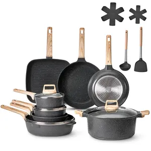 VEVOR 19 Piece Pots and Pans Set,  Granite Nonstick Cookware Set, Induction Cookwares, Kitchen RV Cooking Sets with Frying, Sauce, Saute, Tempered Glass Lids, and Pan Protectors, Black