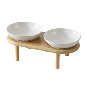 Vintage Ceramic Pet Cat Bowl with Elevated Wooden Stand, Tray, Spine Protection Indoor Feeding Bowl for Cats and Dogs, 1pc/2pcs Set