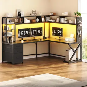 SEDETA L Shaped Gaming Desk with Storage Shelves and Hutch, Convertible 94.5" Computer Desk with Drawers, Corner Computer Desk with Power Outlet, LED Lights, Pegboard for Home Office