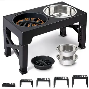 Elevated Dog Bowls Set - 5 Adjustable Heights Raised Stand with 2 Stainless Steel Bowls & 1 Slow Feeder Bowl for Small Medium Large Dogs Feeding