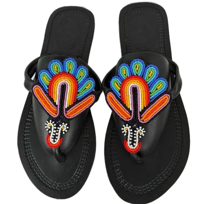 Handcrafted Beaded Leather Sandals With Colorful Peacock Pattern & Rainbow Design Black Sole Shoes