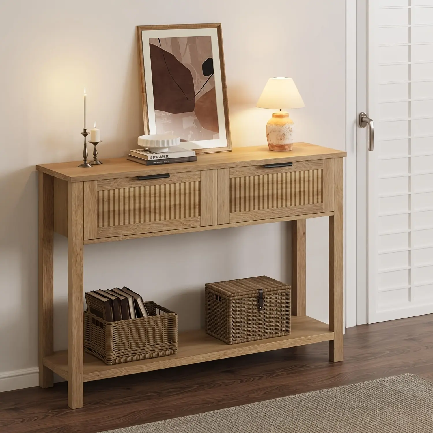 Farmhouse Entryway Table, 43inch Console Table with 2 Drawers, 2-Layer Sofa Table with Storage Space, Suitable for Living Room, Entryway Table
