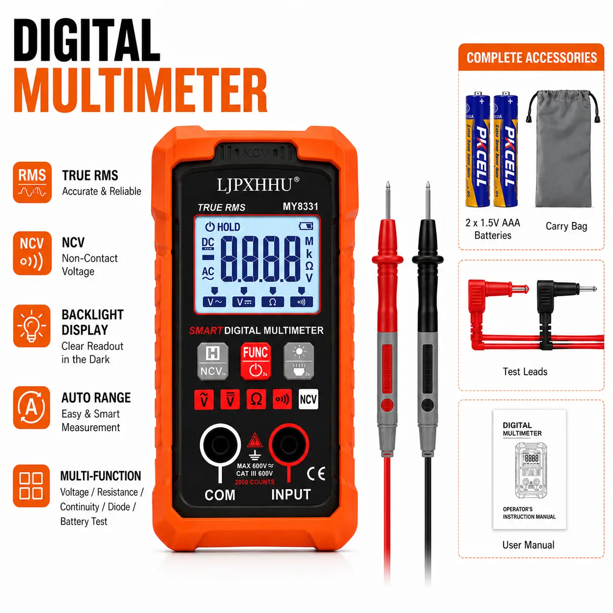 LJPXHHU Digital Multimeter Kit, Auto-Ranging True RMS Voltage Tester Set with NCV Detector, LED Flashlight, AC/DC Voltage, Resistance, Continuity, 2000/4000 Counts, Test Leads Set, Silicone Cover for Automotive, Home DIY