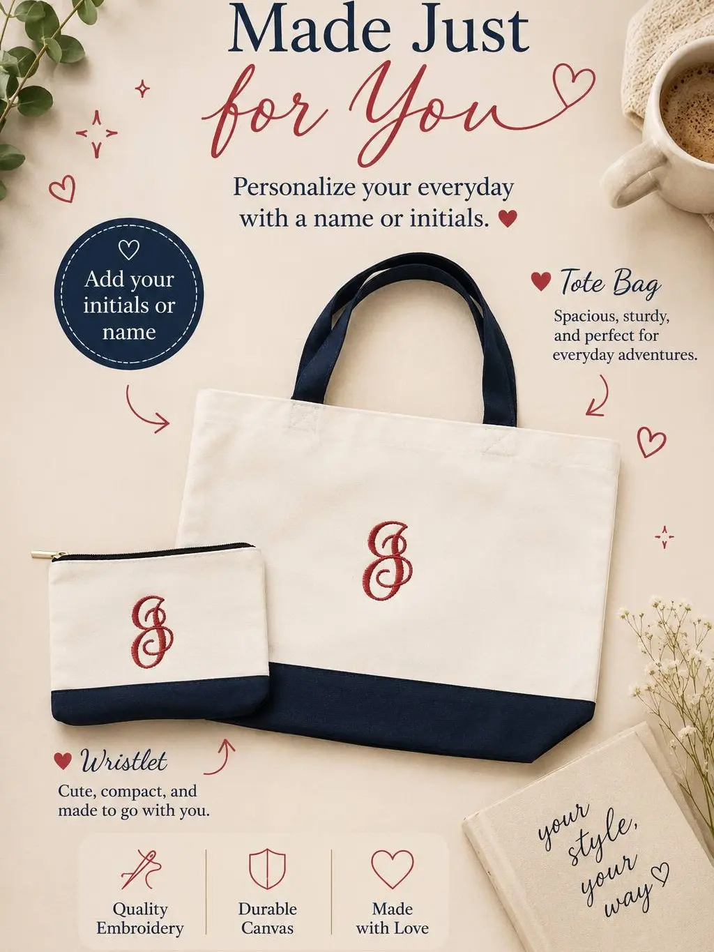 Personalized Canvas Bag with Smaller Bag