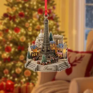 Personalized Paris Ornament, Eiffel Tower Mini Village Acrylic Ornament, Custom Christmas Decoration, Paris Travel Keepsake, Holiday Tree Gift