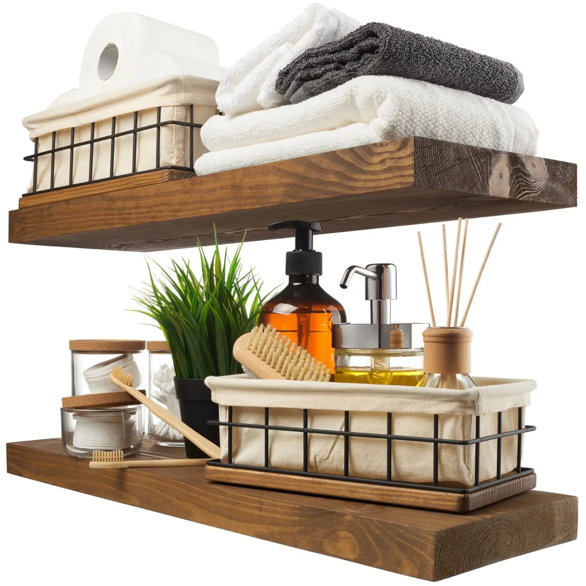 Baobab Workshop Wood Floating Shelves Set of 2 - Rustic Shelf 24 inch - Floating Shelf for Wall Mounted - Wide Wooden Wall Shelves for Living Room Bedroom Kitchen Bathroom - Walnut - 24D x 6.7W