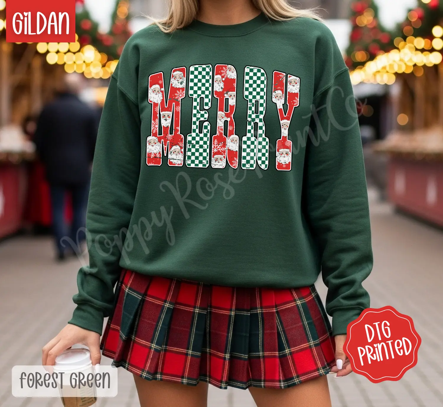 Checkered Merry Sweatshirt, Trendy Women's Christmas Crewneck