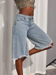 Women's Y2K Ripped Denim Jorts - Distressed Bermuda Shorts with Raw Hem