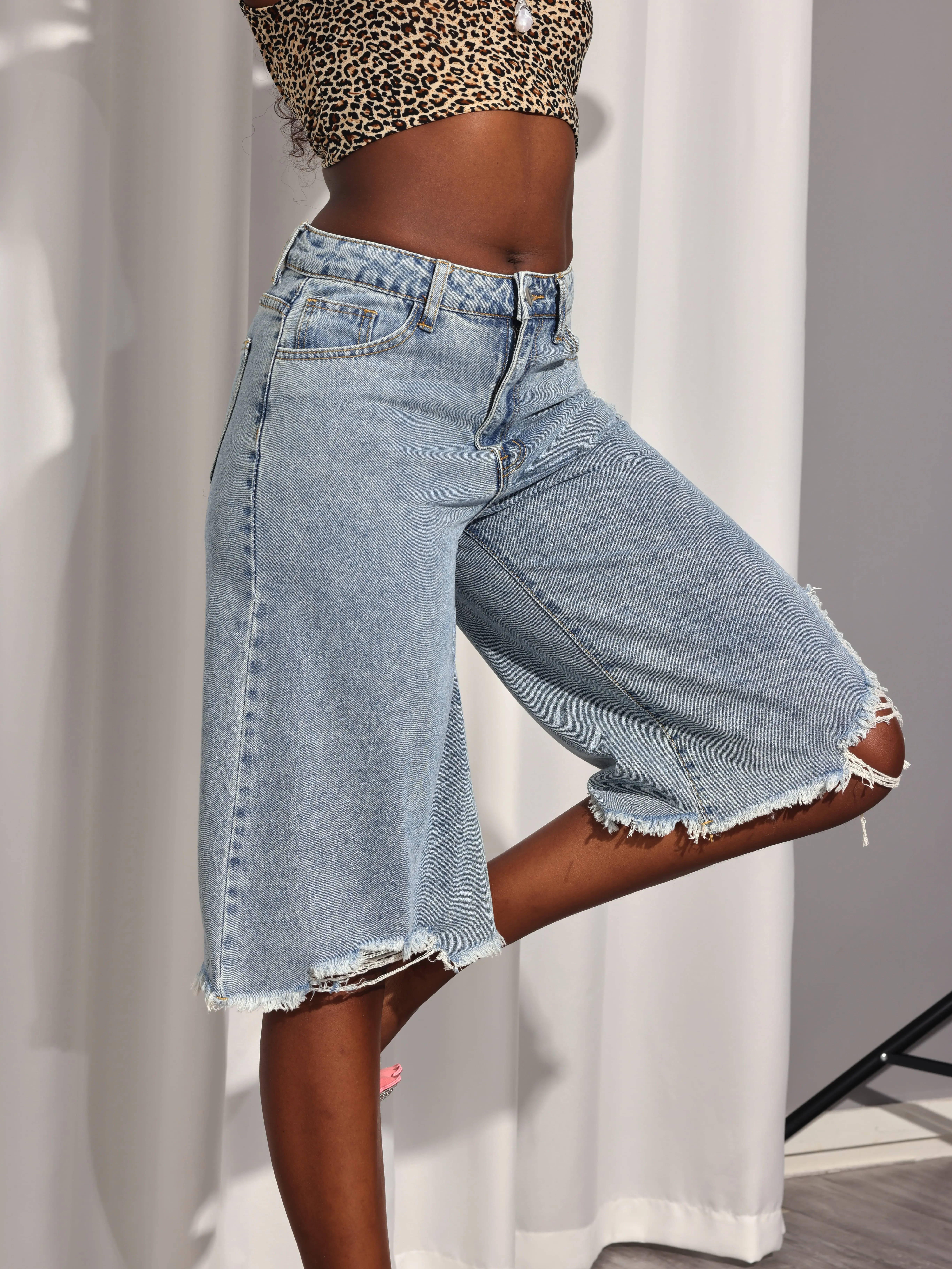 Women's Y2K Ripped Denim Jorts - Distressed Bermuda Shorts with Raw Hem