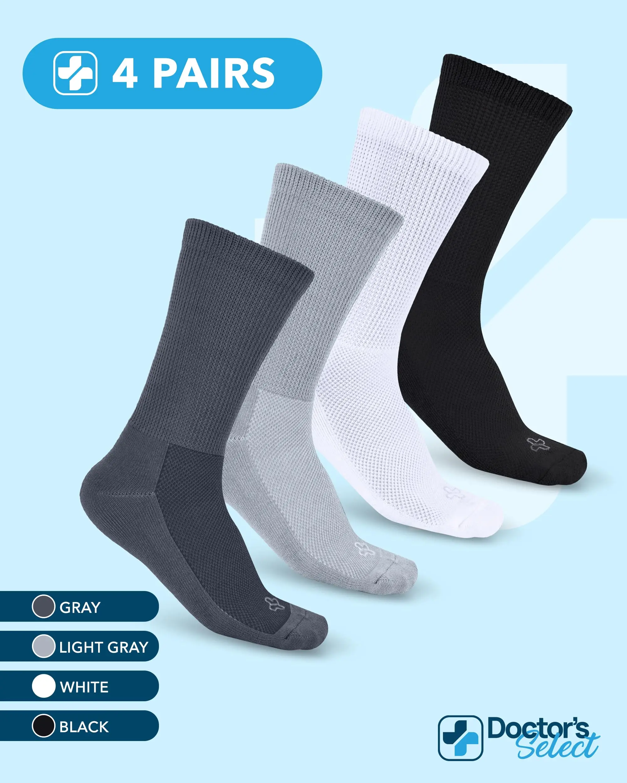 Doctor's Select Crew Diabetic Socks for Men 9-12 - Moisture Control & Comfort, 4 Pairs in Black, White, Light Gray, Gray Doctor's Select Crew Diabetic Socks for Men 9-12 - Moisture Control & Comfort, 4 Pairs in Black, White, Light Gray, Gray