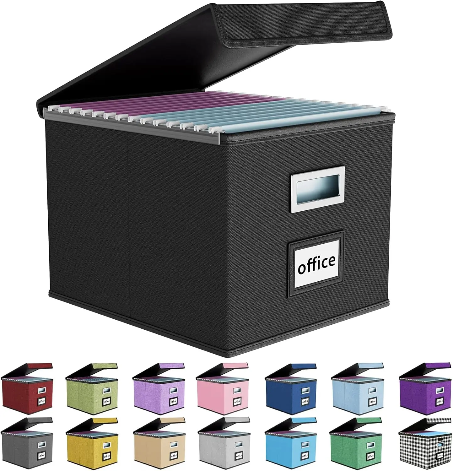 Upgraded Portable File Organizer Box, Large Linen Hanging Office Document Storage Box with Lid - Black, Collapsible Filing & Storage Boxes for Office/Decor/Home - 14.9 x 12.59 x 10.8 inch