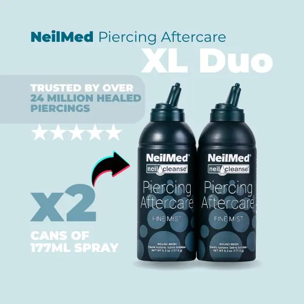 NeilMed Piercing Aftercare Spray XL Duo Pack -Two (2x) 177 ml Fine Mist Cans of Sterile Saline Fine Mist Solution -Premium piercing and tattoo aftercare Gentle Care Healing-No Mess Saline Soak -Natural Healing Treatment to Cleanse and Moisturize Piercings