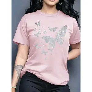 Women's 100% Pure Cotton Basic Graphic T-Shirt - Short Sleeve, Oversized, Butterfly Printed, Round Neck, Smooth Fabric, Comfortable, Versatile, Multi-Color Spring & Summer Casual Tee