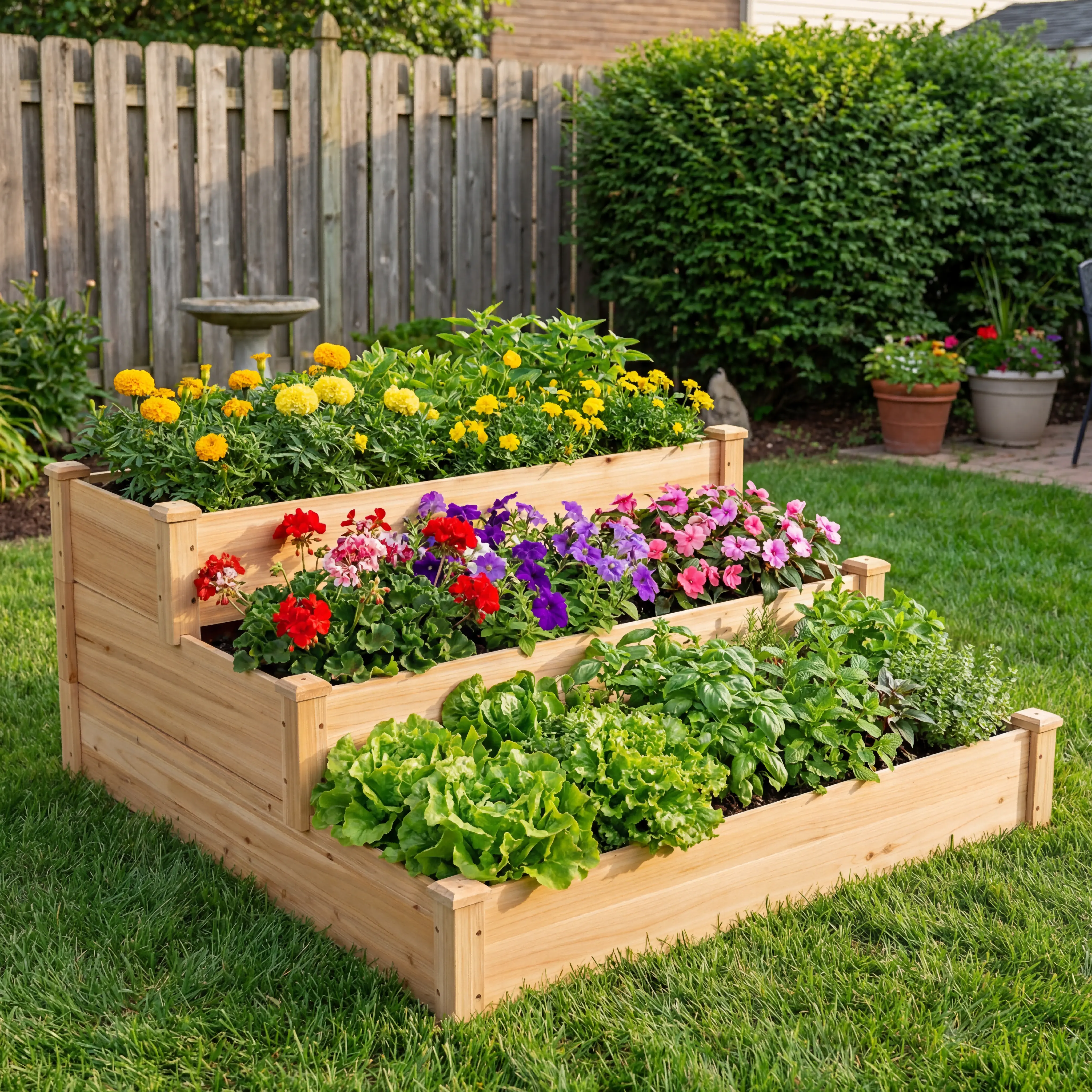 Yaheetech 3-Tier Square Wooden Raised Garden Bed, DIY Painting Low-Maintenance Planter with 3 Growing Areas, Outdoor Elevated Planter Boxes for Backyard/Patio Gardeners